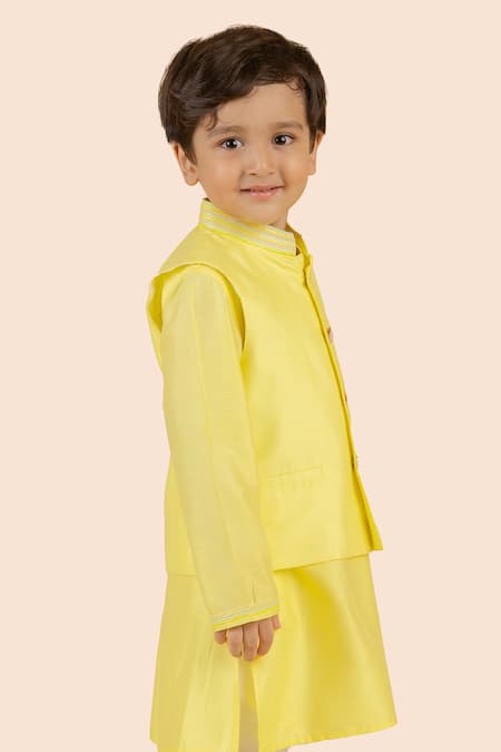 Shop Partykles Yellow Cotton, Silk Beads Embroidered Bundi Kurta Set Online at Aza Fashions Shop_Partykles_Yellow Cotton, Silk Beads Embroidered Bundi Kurta Set _Online_at_Aza_Fashions