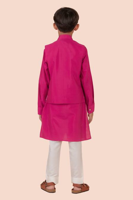 Shop_Partykles_Pink Cotton, Silk Beads, Pearls Embroidered Bundi Kurta Set _at_Aza_Fashions