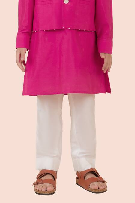 Partykles_Pink Cotton, Silk Beads, Pearls Embroidered Bundi Kurta Set _Online_at_Aza_Fashions