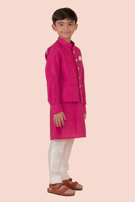 Shop_Partykles_Pink Cotton, Silk Beads, Pearls Embroidered Bundi Kurta Set _Online_at_Aza_Fashions