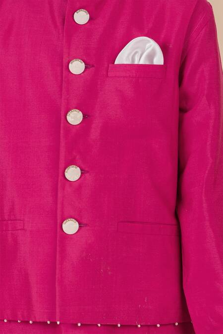 Partykles_Pink Cotton, Silk Beads, Pearls Embroidered Bundi Kurta Set _at_Aza_Fashions