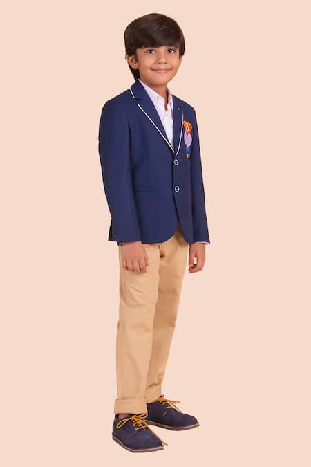 Shop Partykles Blue Gabardine Embroidery Navy Teddy Bear Blazer at Aza Fashions Shop_Partykles_Blue Gabardine Embroidery Navy Teddy Bear Blazer _at_Aza_Fashions