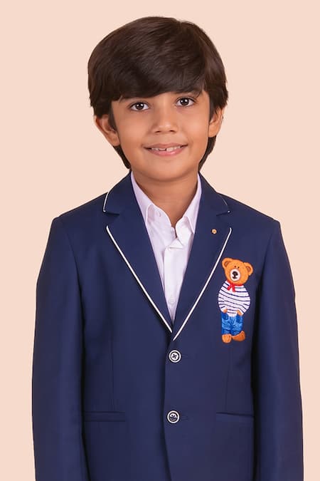 Partykles Blue Gabardine Embroidery Navy Teddy Bear Blazer Online at Aza Fashions Partykles_Blue Gabardine Embroidery Navy Teddy Bear Blazer _Online_at_Aza_Fashions