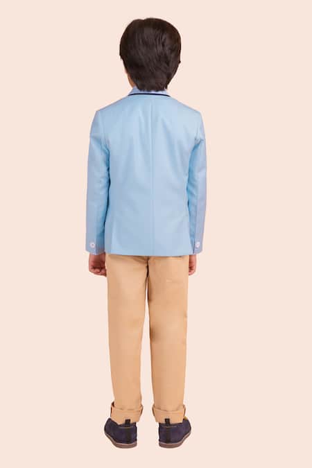 Shop Partykles Blue Gabardine Piping Lighthouse Embroidered Blazer at Aza Fashions Shop_Partykles_Blue Gabardine Piping Lighthouse Embroidered Blazer _at_Aza_Fashions