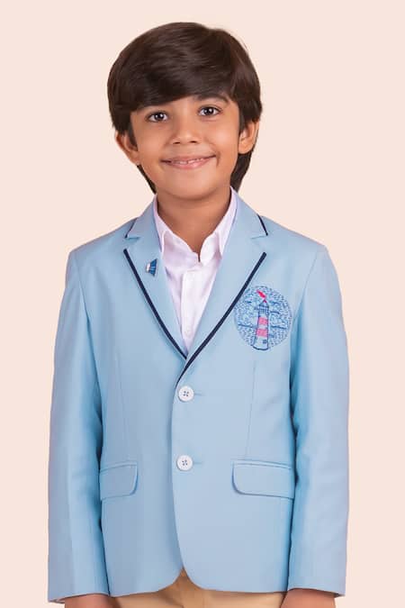 Partykles Blue Gabardine Piping Lighthouse Embroidered Blazer Online at Aza Fashions Partykles_Blue Gabardine Piping Lighthouse Embroidered Blazer _Online_at_Aza_Fashions