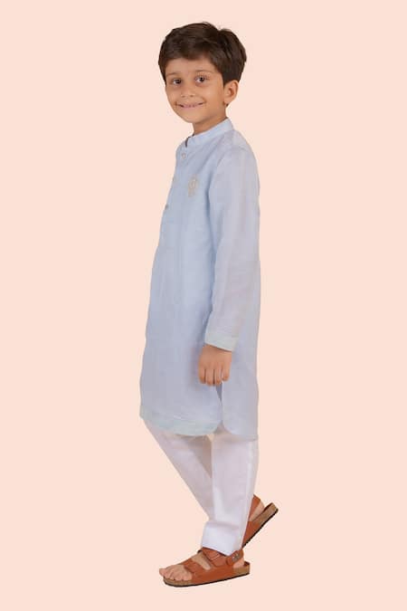 Shop Partykles Blue Cotton, Silk Embroidery Thread Lion Kurta Set Online at Aza Fashions Shop_Partykles_Blue Cotton, Silk Embroidery Thread Lion Kurta Set _Online_at_Aza_Fashions