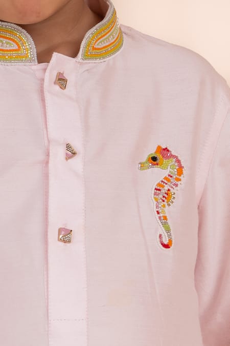 Partykles Pink Cotton, Silk Beads Seahorse Embroidered Kurta Set at Aza Fashions Partykles_Pink Cotton, Silk Beads Seahorse Embroidered Kurta Set _at_Aza_Fashions