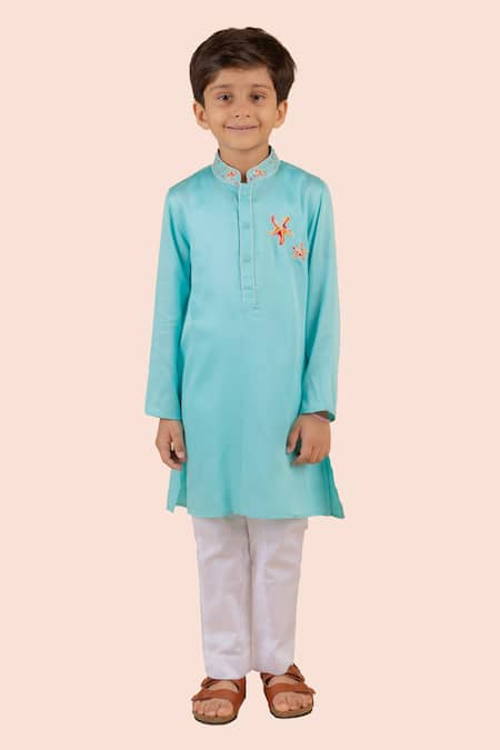 Partykles Blue Cotton Satin Embroidered Bead Starfish Kurta With Pant 