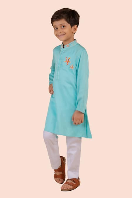 Buy_Partykles_Blue Cotton Satin Beads Starfish Embroidered Kurta Set _Online_at_Aza_Fashions