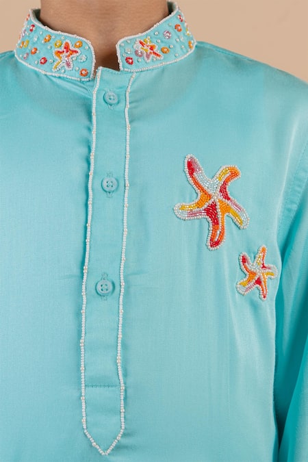 Shop_Partykles_Blue Cotton Satin Beads Starfish Embroidered Kurta Set _Online_at_Aza_Fashions