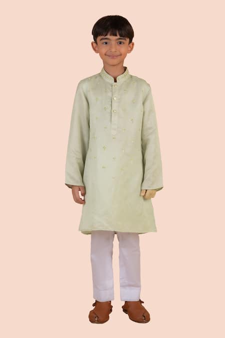 Partykles Green Banarasi Silk Embroidered Bead Floral Butti Kurta With Pant 