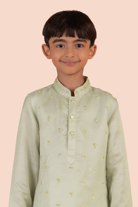 Partykles_Green Silk, Cotton Beads Embroidered Kurta Set _Online_at_Aza_Fashions