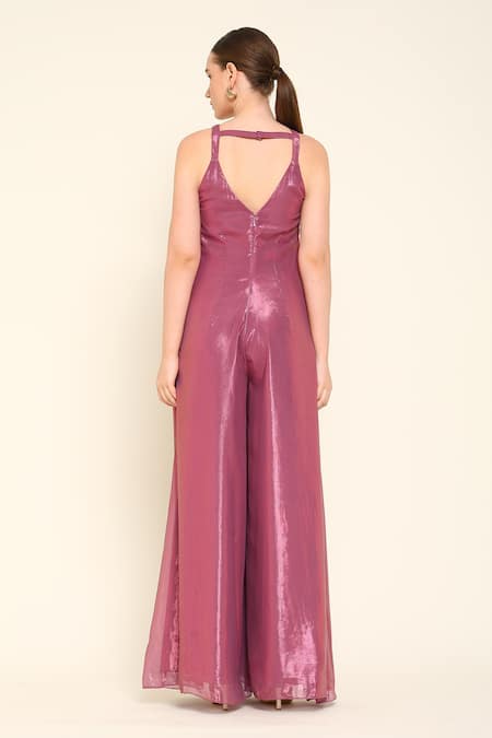 Amrta By Guneet Kondal Beaded Neckline Wine Jumpsuit 