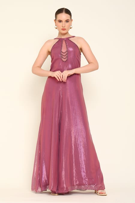 Amrta By Guneet Kondal_Wine Viscose, Georgette Beads Halter Neck Neckline Jumpsuit _Online_at_Aza_Fashions