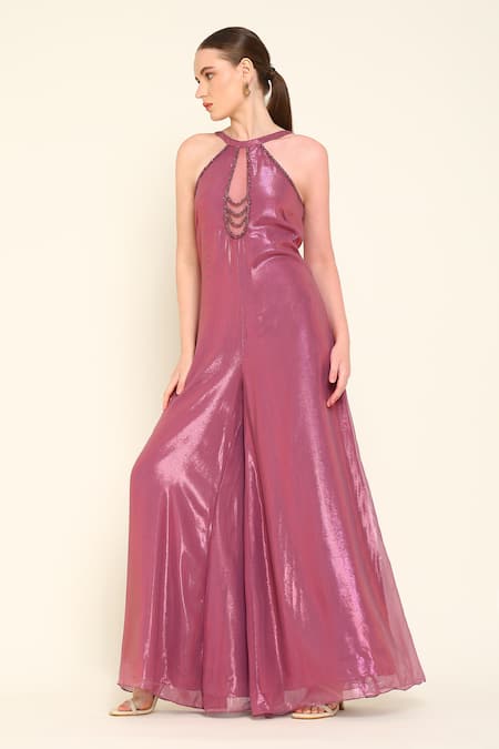 Buy_Amrta By Guneet Kondal_Wine Viscose, Georgette Beads Halter Neck Neckline Jumpsuit _Online_at_Aza_Fashions