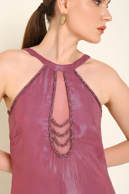 Shop_Amrta By Guneet Kondal_Wine Viscose, Georgette Beads Halter Neck Neckline Jumpsuit _Online_at_Aza_Fashions