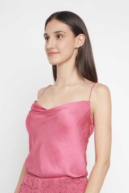 Shop Amrta By Guneet Kondal Pink Viscose, Chiffon Collared, Cowl Solid Shirt And Rose Applique Shorts Set Online at Aza Fashions Shop_Amrta By Guneet Kondal_Pink Viscose, Chiffon Collared, Cowl Solid Shirt And Rose Applique Shorts Set _Online_at_Aza_Fashions