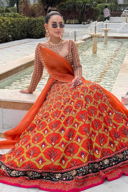 Neha Khullar Orange Viscose Raw Silk Embellished Floral Geometric Mughal Printed Lehenga Set 