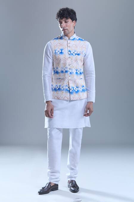 Shop Arihant Rai Sinha White Silk, Cotton Foil Printing Geometric Bandi And Kurta Set Online at Aza Fashions Shop_Arihant Rai Sinha_White Silk, Cotton Foil Printing Geometric Bandi And Kurta Set _Online_at_Aza_Fashions
