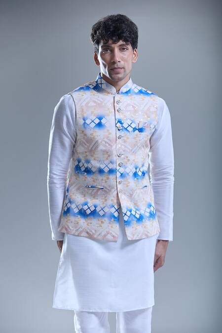 Buy Arihant Rai Sinha White Silk, Cotton Foil Printing Geometric Bandi And Kurta Set Buy_Arihant Rai Sinha_White Silk, Cotton Foil Printing Geometric Bandi And Kurta Set