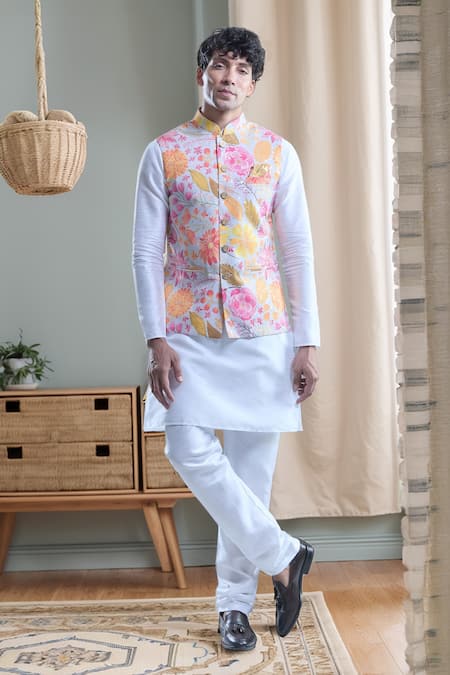 Aryavir Malhotra Grey Kurta And Churidar Silk Printed Foil Floral Botanical Bandi With Solid Set 