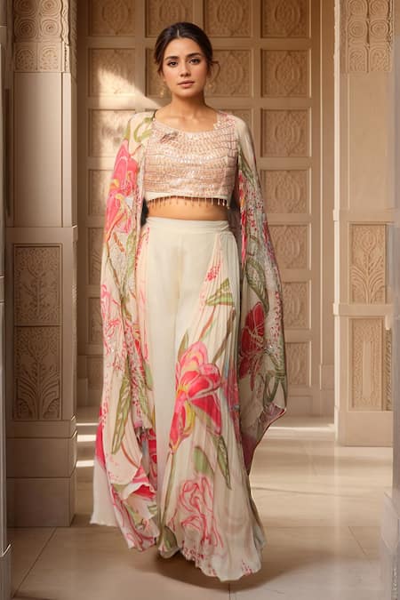 Samyukta Singhania White Chinon Print Floral Sequin Square Neck Embellished Cape And Sharara Set 