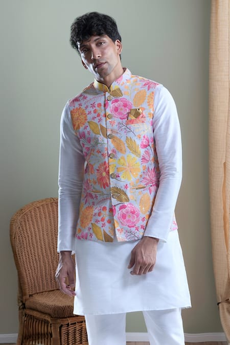 Aryavir Malhotra Grey Soft Cotton Printed Autumn Leaf Botanical Nehru Jacket 