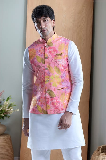 Aryavir Malhotra Pink Soft Cotton Printed Autumn Leaf Nehru Jacket 