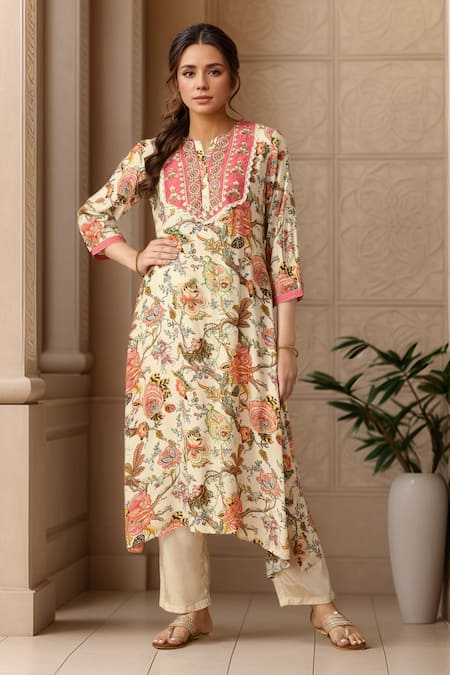 Samyukta Singhania Floral Printed Asymmetric Kurta With Pant 