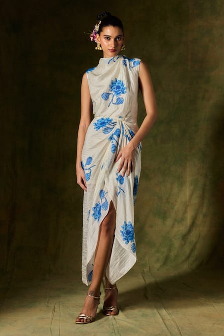 Shop Jodi White Silk Cowl Neck Floral Handblock Print Draped Dress at Aza Fashions Shop_Jodi_White Silk Cowl Neck Floral Handblock Print Draped Dress _at_Aza_Fashions