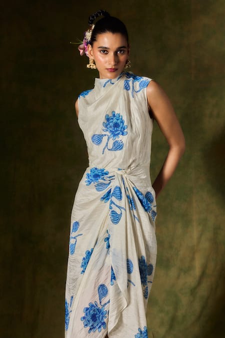 Jodi White Silk Cowl Neck Floral Handblock Print Draped Dress Online at Aza Fashions Jodi_White Silk Cowl Neck Floral Handblock Print Draped Dress _Online_at_Aza_Fashions