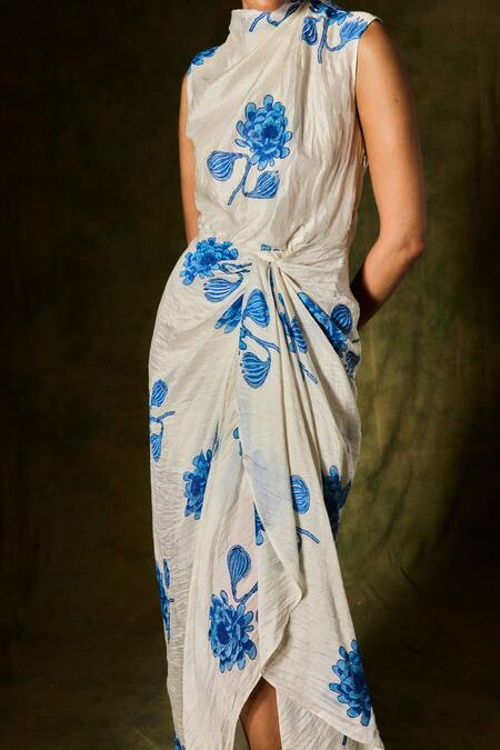 Buy Jodi White Silk Cowl Neck Floral Handblock Print Draped Dress Online at Aza Fashions Buy_Jodi_White Silk Cowl Neck Floral Handblock Print Draped Dress _Online_at_Aza_Fashions