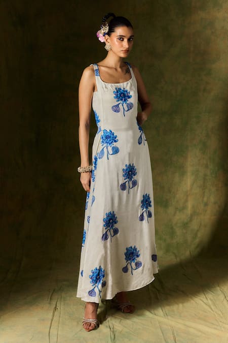 Jodi_White Gingham Sequins, Beads Open Neck Floral Handblock Print Maxi Dress _Online_at_Aza_Fashions