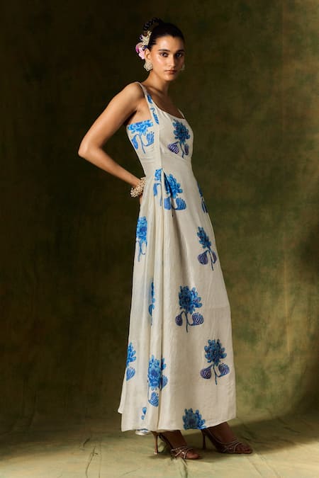 Buy_Jodi_White Gingham Sequins, Beads Open Neck Floral Handblock Print Maxi Dress _Online_at_Aza_Fashions