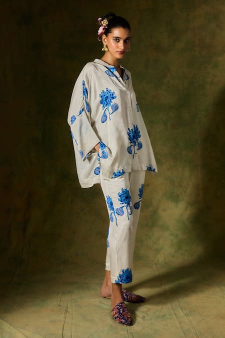 Shop Jodi White Silk Embroidery Mandarin Collar Floral Handblock Print Shirt at Aza Fashions Shop_Jodi_White Silk Embroidery Mandarin Collar Floral Handblock Print Shirt _at_Aza_Fashions