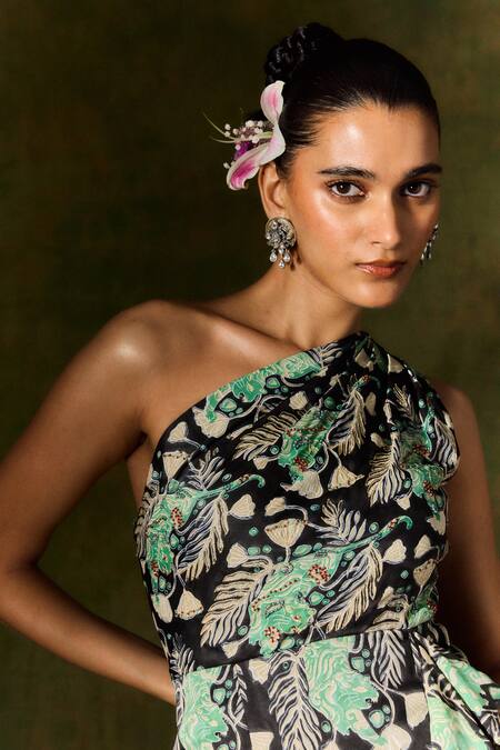 Buy Jodi Black Satin, Silk Sequins, Beads Floral Leaf One Shoulder Ruffle Dress Online at Aza Fashions Buy_Jodi_Black Satin, Silk Sequins, Beads Floral Leaf One Shoulder Ruffle Dress _Online_at_Aza_Fashions