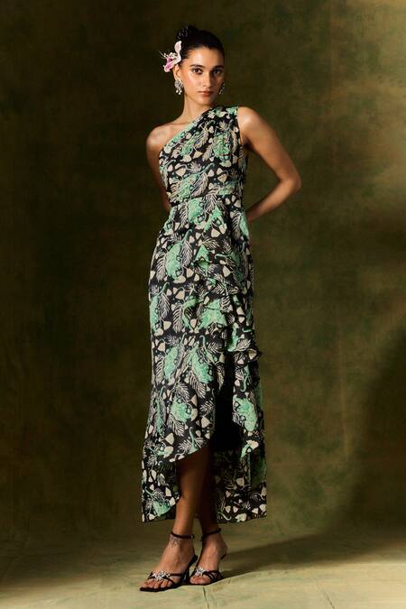 Shop Jodi Black Satin, Silk Sequins, Beads Floral Leaf One Shoulder Ruffle Dress Online at Aza Fashions Shop_Jodi_Black Satin, Silk Sequins, Beads Floral Leaf One Shoulder Ruffle Dress _Online_at_Aza_Fashions