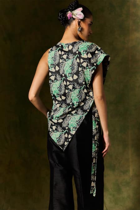 Shop Jodi Black Satin, Silk Sequins, Beads Cowl Neck Floral Leaf Printed Asymmetric Top at Aza Fashions Shop_Jodi_Black Satin, Silk Sequins, Beads Cowl Neck Floral Leaf Printed Asymmetric Top _at_Aza_Fashions