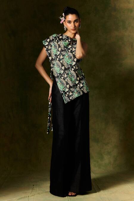 Buy Jodi Black Satin, Silk Sequins, Beads Cowl Neck Floral Leaf Printed Asymmetric Top Online at Aza Fashions Buy_Jodi_Black Satin, Silk Sequins, Beads Cowl Neck Floral Leaf Printed Asymmetric Top _Online_at_Aza_Fashions