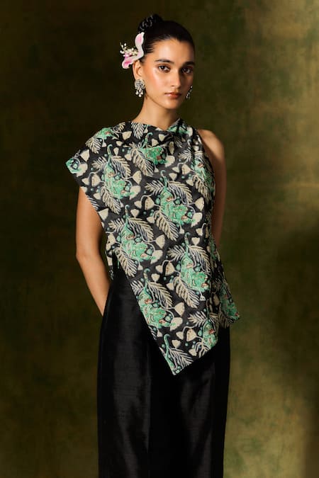 Shop Jodi Black Satin, Silk Sequins, Beads Cowl Neck Floral Leaf Printed Asymmetric Top Online at Aza Fashions Shop_Jodi_Black Satin, Silk Sequins, Beads Cowl Neck Floral Leaf Printed Asymmetric Top _Online_at_Aza_Fashions