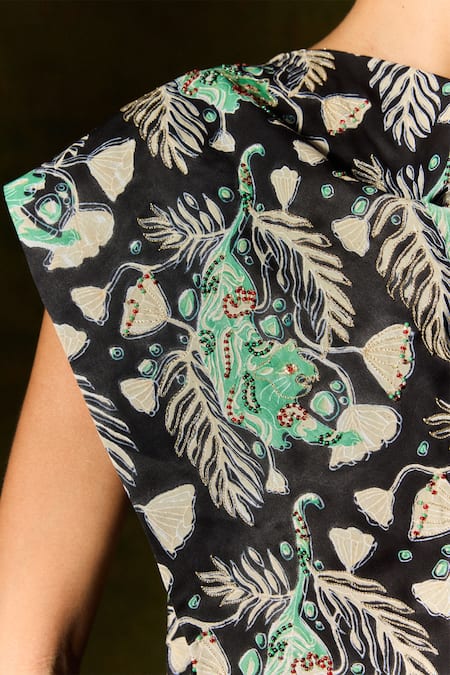 Jodi Black Satin, Silk Sequins, Beads Cowl Neck Floral Leaf Printed Asymmetric Top at Aza Fashions Jodi_Black Satin, Silk Sequins, Beads Cowl Neck Floral Leaf Printed Asymmetric Top _at_Aza_Fashions