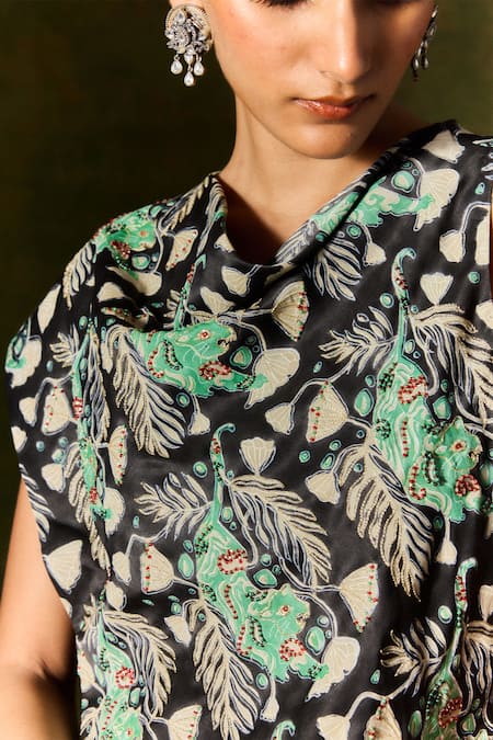 Buy Jodi Black Satin, Silk Sequins, Beads Cowl Neck Floral Leaf Printed Asymmetric Top Buy_Jodi_Black Satin, Silk Sequins, Beads Cowl Neck Floral Leaf Printed Asymmetric Top