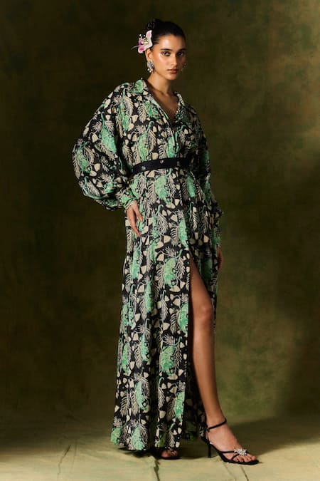 Jodi Black Silk Sequins, Beads Collared Floral Handblock Print Maxi Dress Online at Aza Fashions Jodi_Black Silk Sequins, Beads Collared Floral Handblock Print Maxi Dress _Online_at_Aza_Fashions