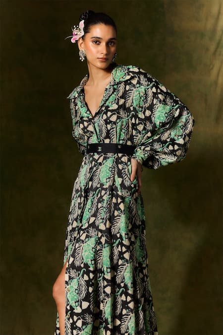 Shop Jodi Black Silk Sequins, Beads Collared Floral Handblock Print Maxi Dress Online at Aza Fashions Shop_Jodi_Black Silk Sequins, Beads Collared Floral Handblock Print Maxi Dress _Online_at_Aza_Fashions