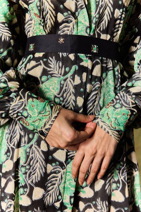 Jodi Black Silk Sequins, Beads Collared Floral Handblock Print Maxi Dress at Aza Fashions Jodi_Black Silk Sequins, Beads Collared Floral Handblock Print Maxi Dress _at_Aza_Fashions