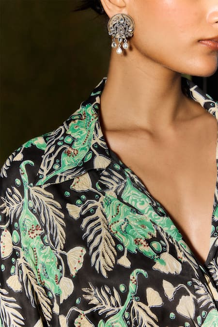 Buy Jodi Black Silk Sequins, Beads Collared Floral Handblock Print Maxi Dress Buy_Jodi_Black Silk Sequins, Beads Collared Floral Handblock Print Maxi Dress