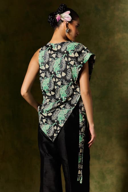 Shop Jodi Black Satin, Silk Sequins, Beads Floral Leaf Printed Asymmetric Top And Trouser at Aza Fashions Shop_Jodi_Black Satin, Silk Sequins, Beads Floral Leaf Printed Asymmetric Top And Trouser _at_Aza_Fashions