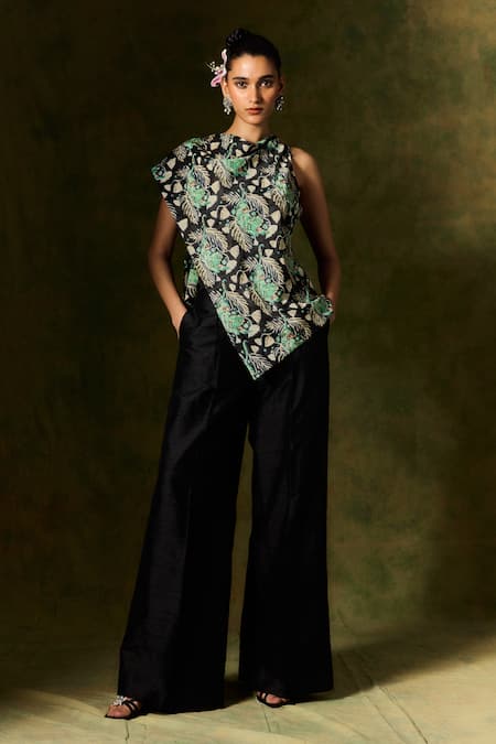 Jodi Black Satin, Silk Sequins, Beads Floral Leaf Printed Asymmetric Top And Trouser Online at Aza Fashions Jodi_Black Satin, Silk Sequins, Beads Floral Leaf Printed Asymmetric Top And Trouser _Online_at_Aza_Fashions