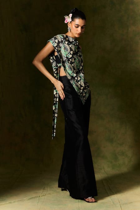 Buy Jodi Black Satin, Silk Sequins, Beads Floral Leaf Printed Asymmetric Top And Trouser Online at Aza Fashions Buy_Jodi_Black Satin, Silk Sequins, Beads Floral Leaf Printed Asymmetric Top And Trouser _Online_at_Aza_Fashions