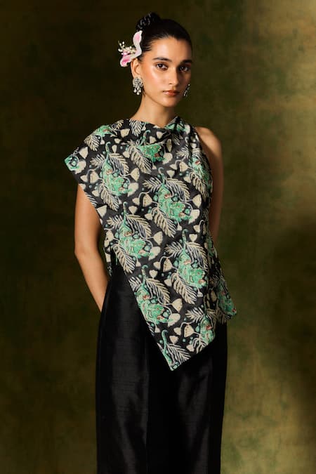 Shop Jodi Black Satin, Silk Sequins, Beads Floral Leaf Printed Asymmetric Top And Trouser Online at Aza Fashions Shop_Jodi_Black Satin, Silk Sequins, Beads Floral Leaf Printed Asymmetric Top And Trouser _Online_at_Aza_Fashions
